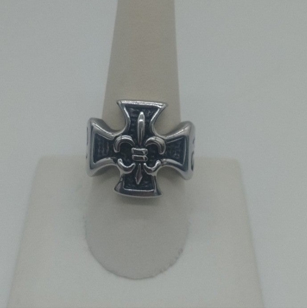 316 Stainless Steel Silver Fleur-de-Lis Cross Men's Ring No Tarnish